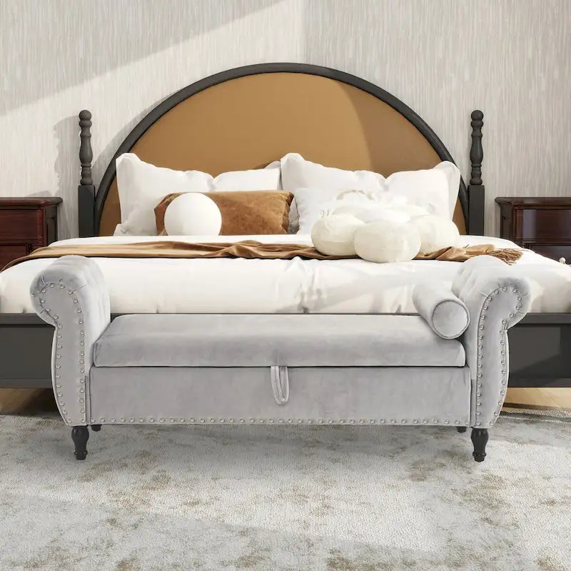 Velvet Storage Rectangular Bench With 1 Pillow, Ottoman For Living Rooms And Entryway