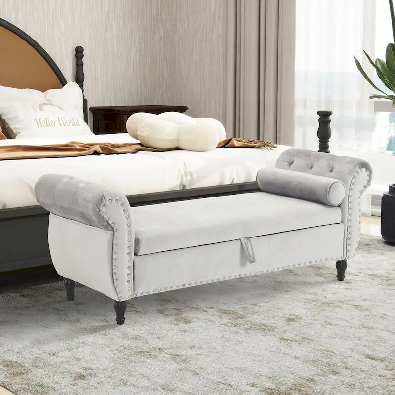 Velvet Storage Rectangular Bench With 1 Pillow, Ottoman For Living Rooms And Entryway