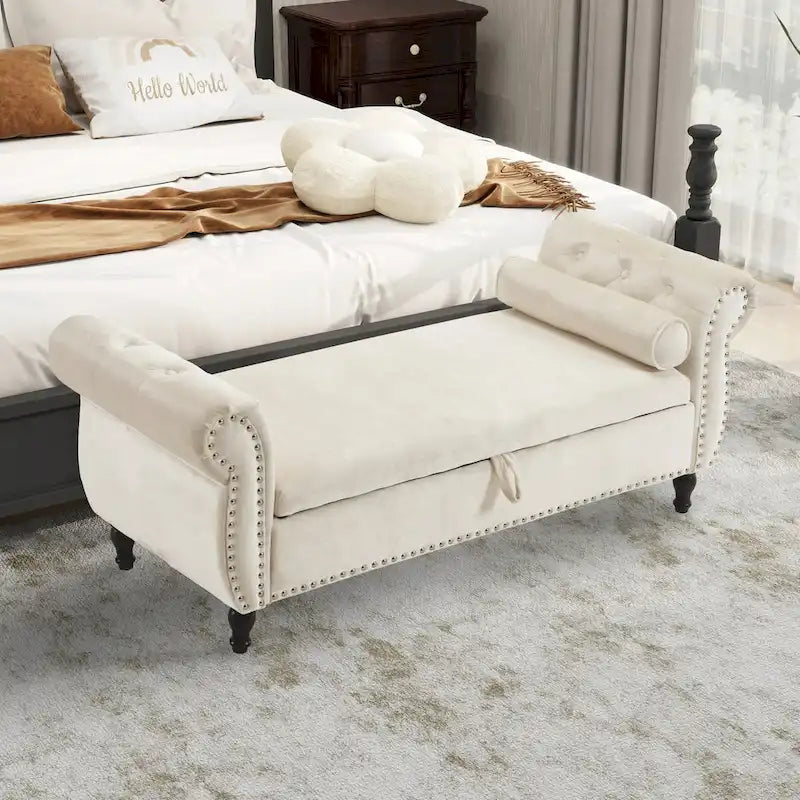 Velvet Storage Rectangular Bench With 1 Pillow, Ottoman For Living Rooms And Entryway