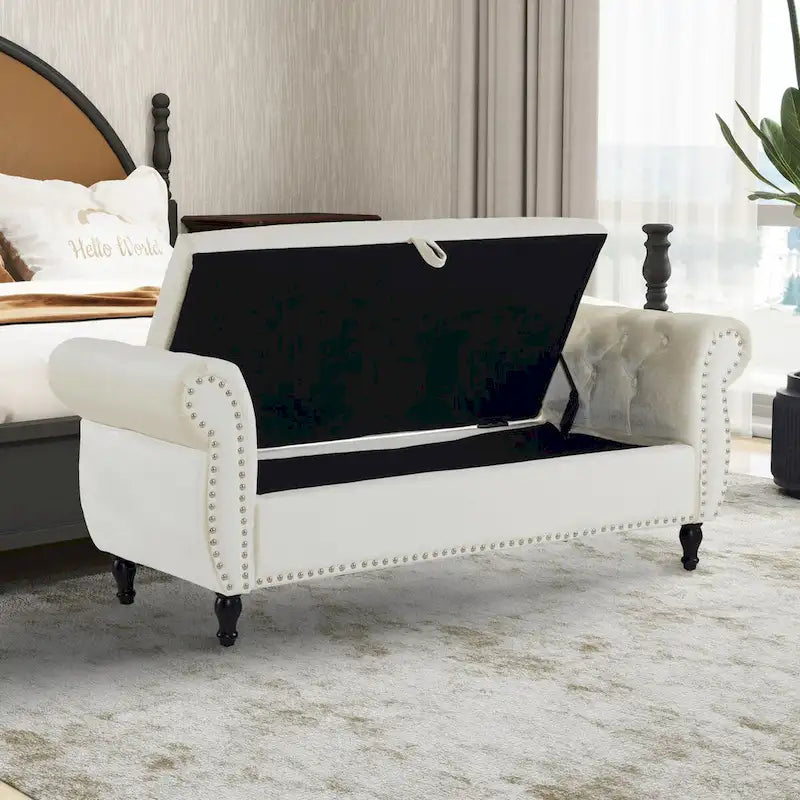 Velvet Storage Rectangular Bench With 1 Pillow, Ottoman For Living Rooms And Entryway