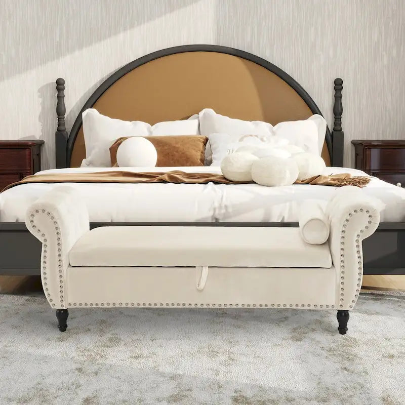 Velvet Storage Rectangular Bench With 1 Pillow, Ottoman For Living Rooms And Entryway