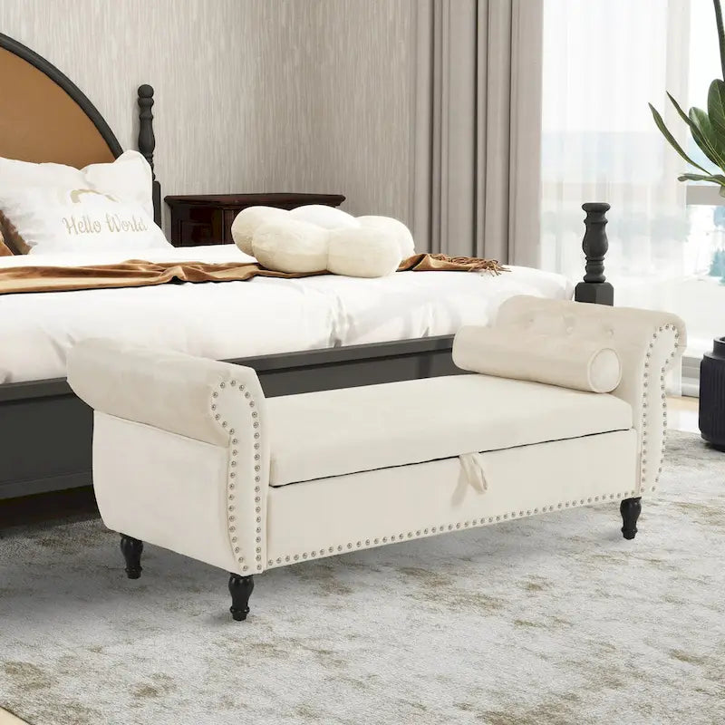 Velvet Storage Rectangular Bench With 1 Pillow, Ottoman For Living Rooms And Entryway