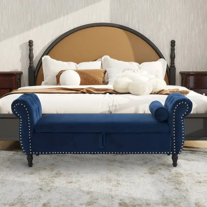 Velvet Storage Rectangular Bench With 1 Pillow, Ottoman For Living Rooms And Entryway