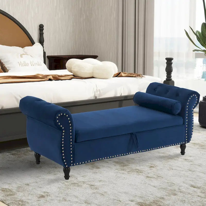 Velvet Storage Rectangular Bench With 1 Pillow, Ottoman For Living Rooms And Entryway