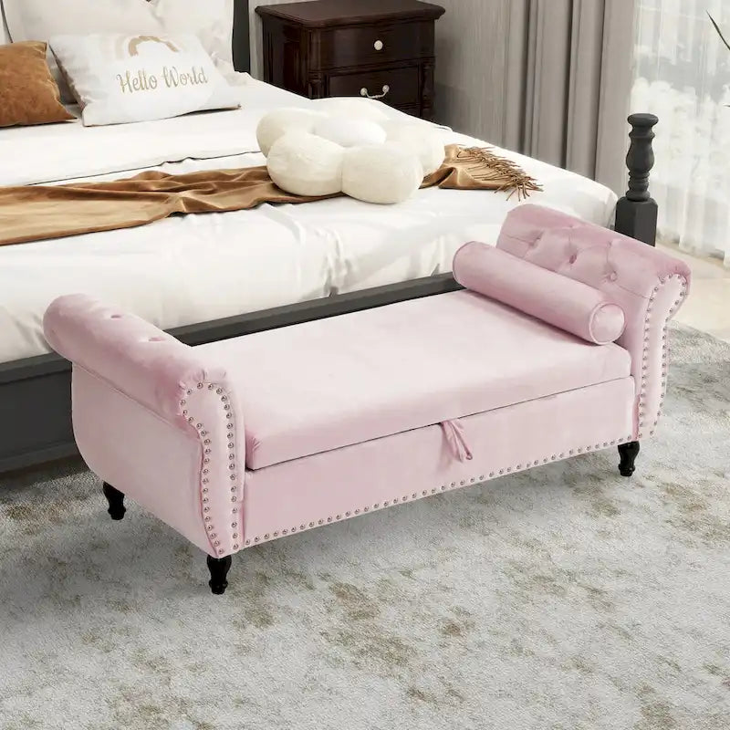 Velvet Storage Rectangular Bench With 1 Pillow, Ottoman For Living Rooms And Entryway