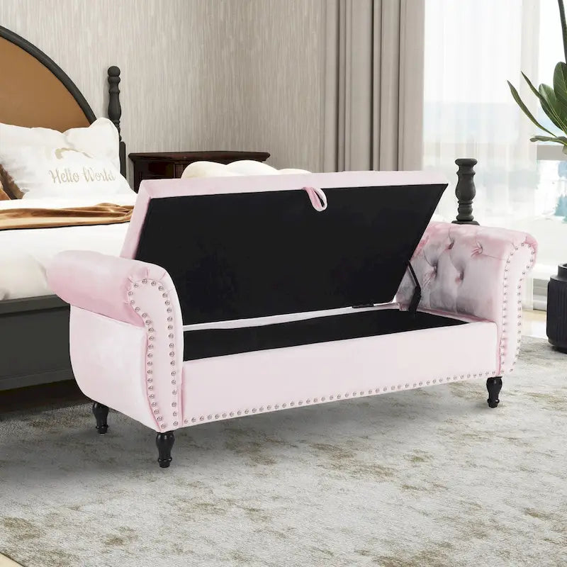 Velvet Storage Rectangular Bench With 1 Pillow, Ottoman For Living Rooms And Entryway