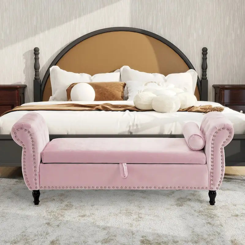 Velvet Storage Rectangular Bench With 1 Pillow, Ottoman For Living Rooms And Entryway