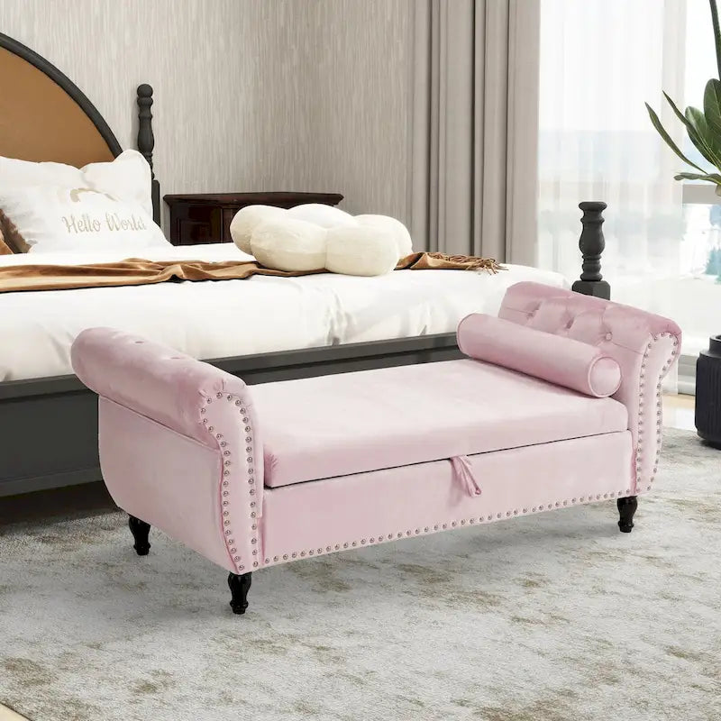Velvet Storage Rectangular Bench With 1 Pillow, Ottoman For Living Rooms And Entryway